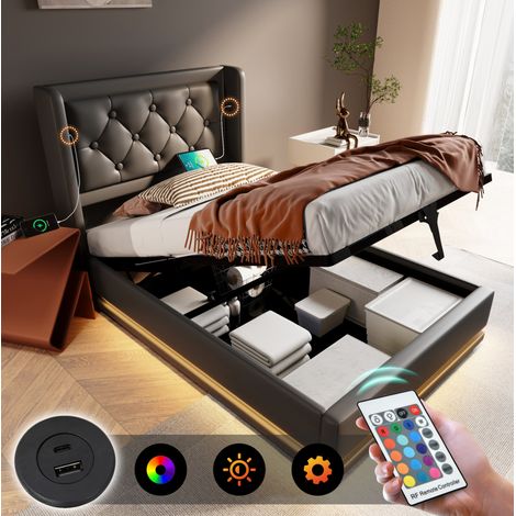Cama tapizada 90/200 cm negra de PU con arcón hidráulico, LED y USB-C (1/5)