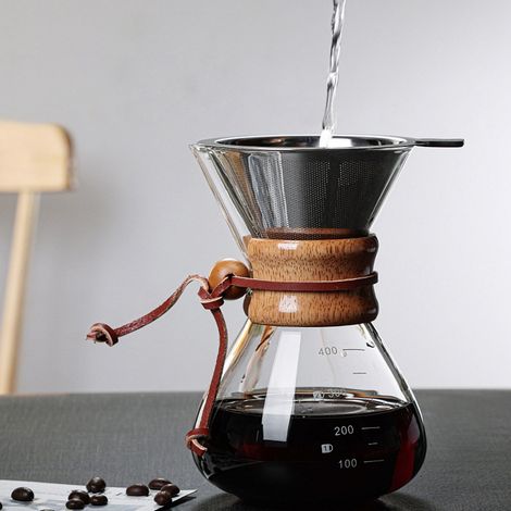 Cafetière à filtre manuel 400 ml avec double filtre, bec verseur en V et manchon en bois, idéale pour la maison, les cafés et les fêtes. (1/5)