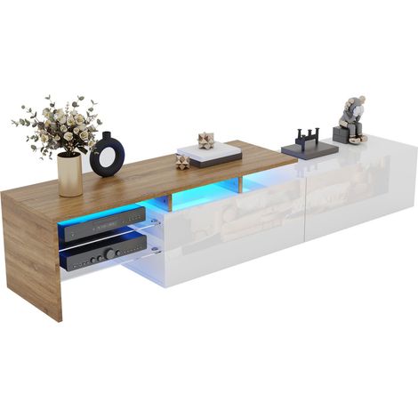 CHICFURN Mobile TV 170 x 33 x 33,5 cm bianco e legno, ripiani in vetro, LED (1/5)