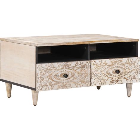 Couchtisch mit Schubladen Weiß 80 x 54 x 40 cm Massivholz Mango