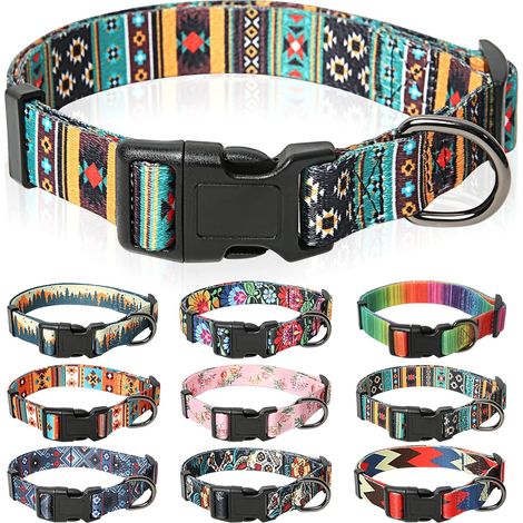 Collier pour Chien, Collier de Style Doux et Confortable avec Motifs Uniques Bohème Fleurs Multicolores, Ajustable avec Fermeture Rapide pour Petit, Moyen et Grand Chien, Cyan, M (1/5)