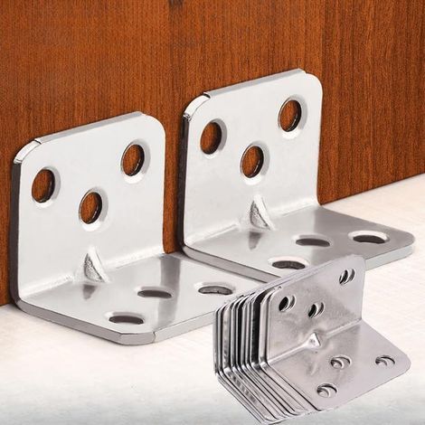 Set mit 10 robusten, silberfarbenen L-förmigen Edelstahlwinkeln für Möbelecken, rechtwinkliges Stahlgelenk für Möbelregale und Schränke (6 Löcher, 3,8 x 3,2 x 3,2 cm)