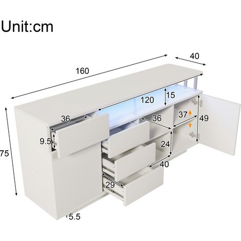 Sideboard 160x40x75 cm Weiß mit LED Beleuchtung und Acryl-Stützen, Kommode Holz Anrichte mit 4 Schubladen und 2 Türen, Mehrzweckschrank mit verstellbaren Einlegeböden für Wohnzimmer Küche Flur (1/5)
