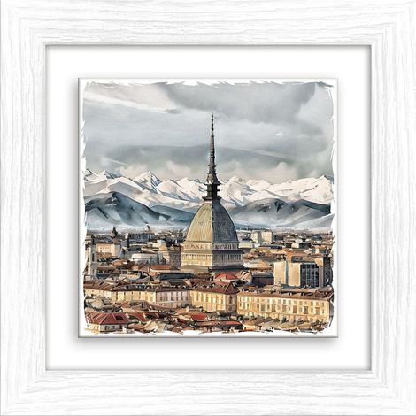 Lupia - Quadro moderno con paesaggi e localismi italiani, Ceramica e Stampa Rilievo, Cornice Legno Shabby Modern bianca, Decorazione Parete, Quadretti Soggiorno, 29x29 cm, TORINO LA MOLE (1/4)