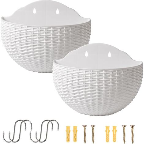 Wandgemonteerde hangende plantenbakken, 2 halfronde stuks plastic bloempot plantenmand met afvoer en 4 haken, 4 schroeven voor tuin, terras, balkonhek (wit) (1/3)