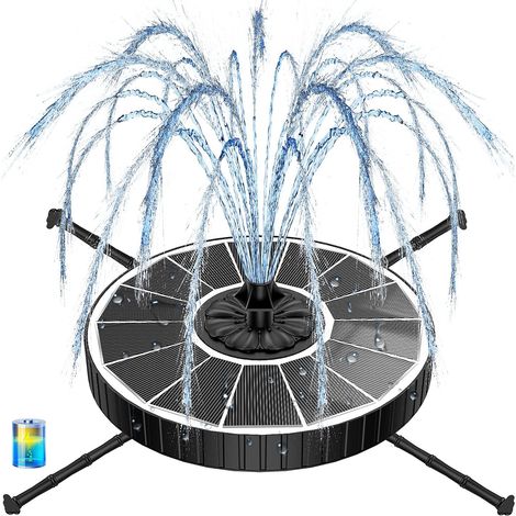 Fontaine Solaire,  3.5W Extérieur Flottante Pompe Bassin Solaire, 3 Modes de Réglage de Hauteur d’Eau 2000mAh Batterie, Fontaine Exterieur avec 7 Buses & 4 Barres Rotatives pour Jardin (Noir)