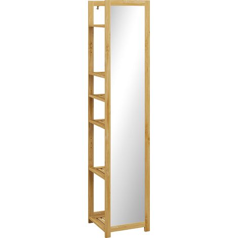 Meuble colonne salle de bain bambou massif 6 étagères avec miroir, rangement vertical, naturel, 35x35x168 cm (1/5)