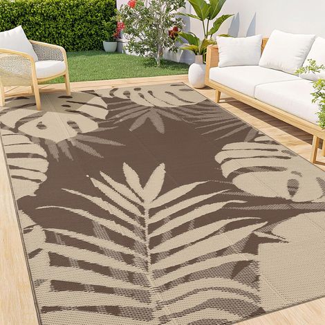 Tapis d'extérieur résistant aux intempéries, en plastique, pliable, lavable, résistant aux UV, réversible, pour balcon, jardin, terrasse, camping, pique-nique, 120 x 180 cm, beige et marron (1/5)