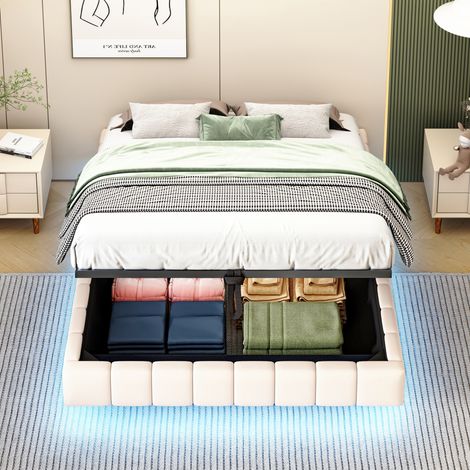 letto letto matrimoniale contenitore LED beige OKMYHOME