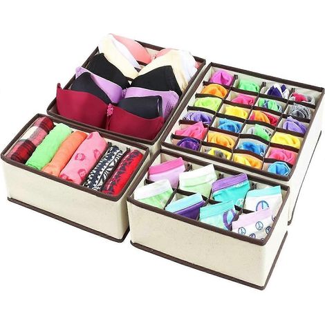 4er-Pack faltbare Schubladenorganizer aus Vliesstoff für Unterwäsche, BHs, Krawatten, Socken – platzsparende Aufbewahrungsbox mit Fächern, Beige (Kleidung nicht enthalten) (1/5)