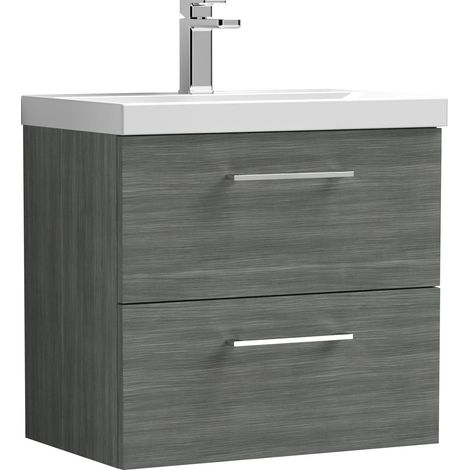 Nuie Arno Wall Hung 2-Drawer Vanity Unit with Basin-3 600mm Wide - Anthracite Woodgrain (1/5)