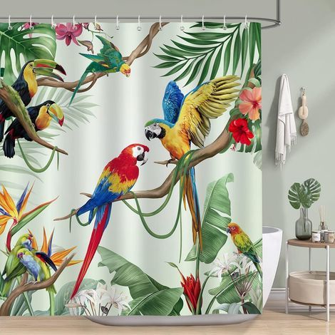 Rideau de Douche Oiseaux Tropicaux Perroquet Feuille Vert Rideau de Bain pour Tissu Polyester Anti Moisissure Imperméable Lavable Rideaux Salle de Bain 180 x 200 cm avec 12 Crochets (1/4)