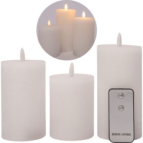 Lot de 3 bougies LED, 7,5 cm de diamètre, bougies à flamme vacillante avec télécommande, BLANC, 15 cm + 12,5 cm + 10 cm de hauteur, bougies LED avec