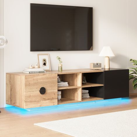 Mueble para TV negro 180x38,5x47 cm con iluminación LED, 2 cajones, nichos abiertos y una puerta de armario (1/5)