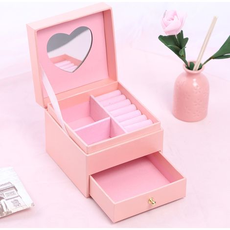 Boîte à bijoux pour femmes filles, étui de rangement verrouillable en cuir PU avec tiroirs miroir, boîtes de rangement amovibles pour bagues, boucles d'oreilles, colliers, bracelets (1/5)