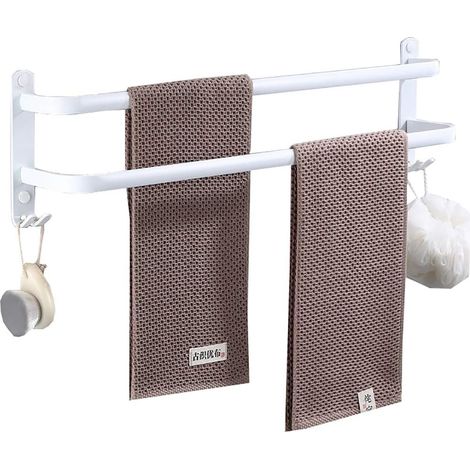 Porte-serviettes de salle de bain, blanc, avec 2 crochets, porte-serviettes en aluminium, 2 niveaux 60 cm (1/4)