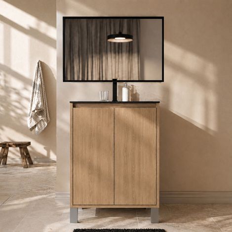 Mueble de baño 50cm Roble 2 puertas Lavabo negro Espejo 50x70 marco negro (1/5)