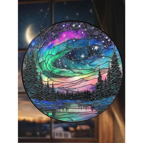Rideau décoratif attrape-soleil vitrail aurore boréale 9 cm, décoration fenêtre style ciel mystique en verre (1/5)