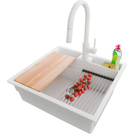 PRIMAGRAN Evier Cuisine en Granit 56x54cm,Lavabo 1 bac + Robinet 40x20cm + Kit de Vidage + Accessoires, Évier à Encastrer au meuble 60cm - Bergen Pocket, Blanc (1/5)