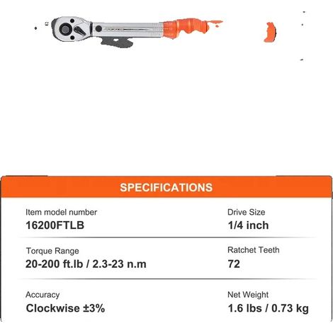 Llave dinamométrica de alta precisión y construcción duradera, 23,8 cm, 20-200 lb-pie. (1/2)