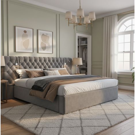lit coffre 160x200 avec LED et liseuse en velours gris HAVRYA (1/5)