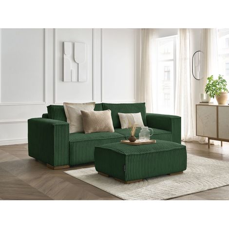 BOBOCHIC - Canapé droit convertible coffre CHELSEA gros côtelé doux avec pouf Vert (1/5)