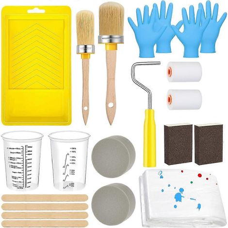 Ensemble de 20 pièces comprenant pinceau et rouleau, éponge, doublure de bac à peinture, gants en nitrile, bloc éponge, bâtonnets mélangeurs et gobelets. (1/5)
