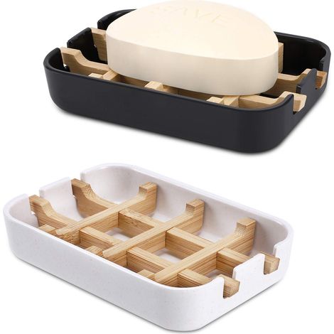 porte-savon en de bambou salle bain barre savon douche évier pont baignoire bac 2 pièces Bois Noir Blanc (1/5)