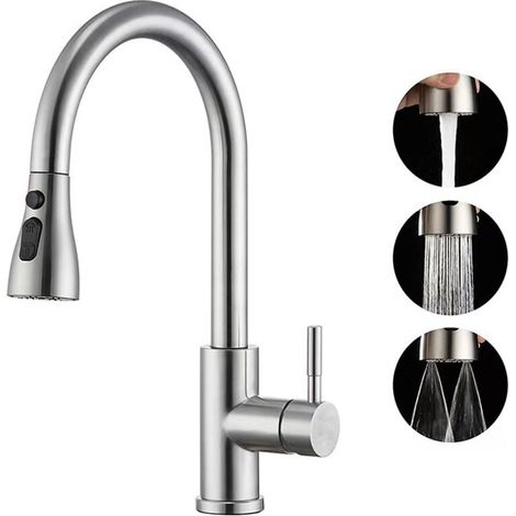 Mitigeur Cuisine avec Douchette Bec Pivotant 360° 3 Modes Pulvérisation Arc Élevé Acier Inoxydable Évier 1 Trou (1/4)