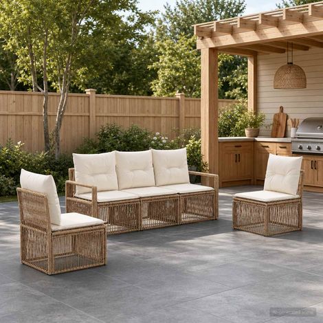 Salon de jardin 5 pièces en polyrotin beige avec coussins, assise 5 personnes - PANGIVO (1/5)