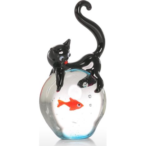 Sculpture En Verre Soufflé - Chat Et Poisson Rouge - Décoration Intérieure Salon Bureau - Cadeau Artistique Original - Pièce Unique (1/5)