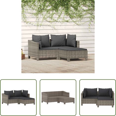 vidaXL Poly Rattan - 3-tlg. Garten-Lounge-Set mit Kissen Grau Poly Rattan (1/5)