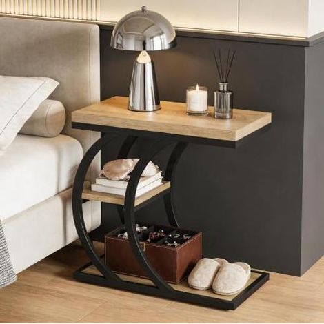 Table d'appoint en C avec 3 niveaux, 60 x 30 x 58,5 cm, bois et métal, noir/marron HAVRYA (1/5)