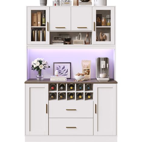 Credenza da Cucina con 6 Ante, 2 Cassetti, Portabottiglie, LED e Prese USB, in MDF, 120x36,3x180 cm, Bianco (1/5)