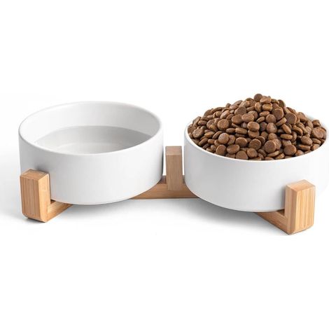 Filiyano – support en bois – Gamelles en céramique pour chats et chiens avec support en bois – 2 gamelles, design antidérapant et surélevé pour petits (1/5)