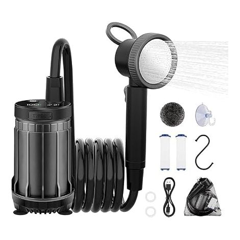 Douche Camping, 8000mAh, 150 Mins d'autonomie et Étanchéité IPX8 2M Tuyau, Système de Double Filtration, Écran LED, Démontable pour le Nettoyage, Crochet Intégré , Extérieure, Animaux (1/5)