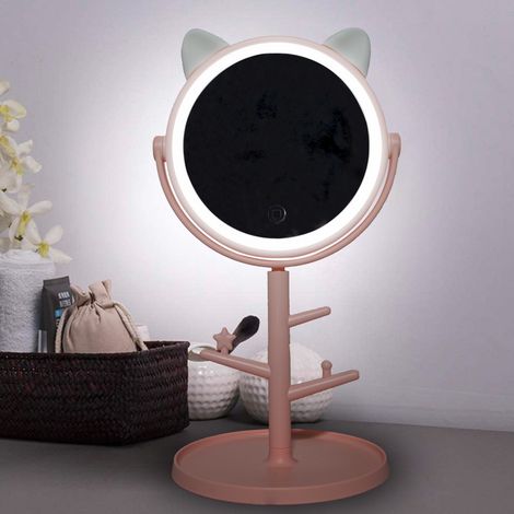 Espejo maquillaje cosmético luz LED sobremesa con soporte para joyas recargable  Color: Rosa (1/5)