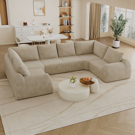 Canapé panoramique en U 6 places 344 cm - canapé compressé sans montage - mousse haute élasticité - tissu chenille - salon et appartement - Khaki