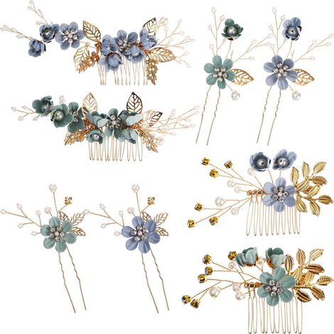 2 Sets of Floral Side Combs in Blue, Pink, and White, Set of 2 (1/5)