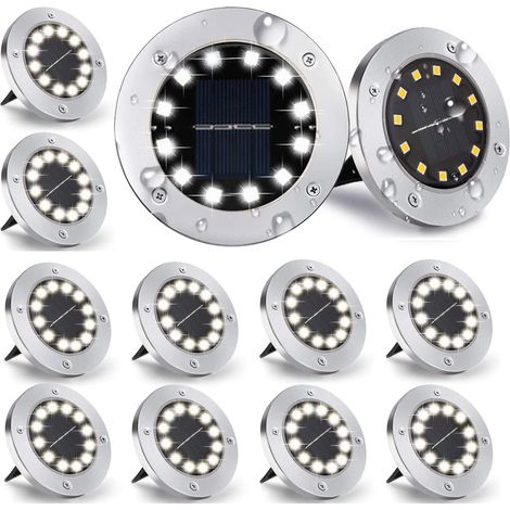 Lot de 12 lampes solaires d'extérieur - 12 LED - 800 mAh - Avec panneau solaire - Lampe de jardin - Spot décoratif pour pelouse, trottoir, piscine, terrasse (blanc froid) (1/5)