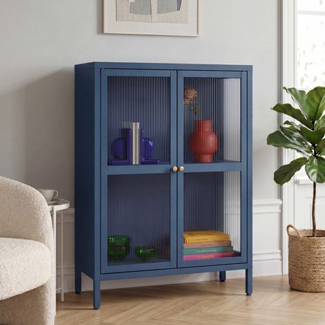 Buffet Säkylä acier verre strié 84 x 64 x 35 cm bleu marine [en.casa] (1/5)