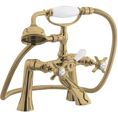 Traditional Bathroom Deck Mounted 1/2" Bath Shower Mixer Tap with Shower Kit - Brushed Brass (1/4)