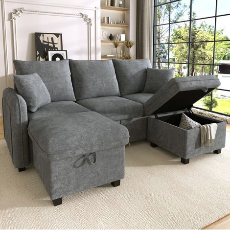Sofá esquinero en U 188/186 cm gris oscuro con almacenaje y cama (1/5)