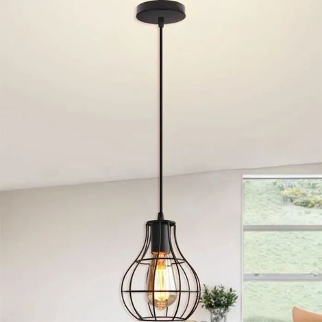 U-Do Vintage Lustre illuminé Lampe Cage en Fer Noir E27 Suspension Luminaire Rétro Lampe pour Escalier Chambre (1/4)