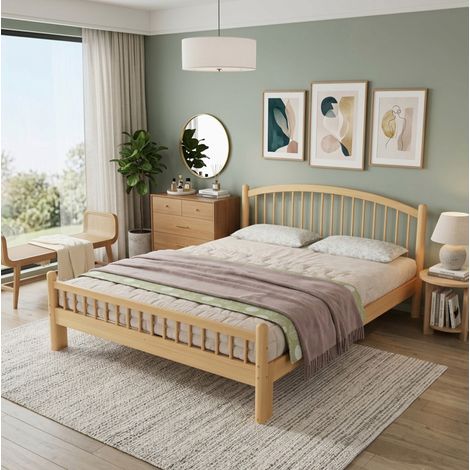 Lit simple 140 x 200 cm en bois beige minimaliste avec sommier à lattes stable et tête à barreaux (1/5)