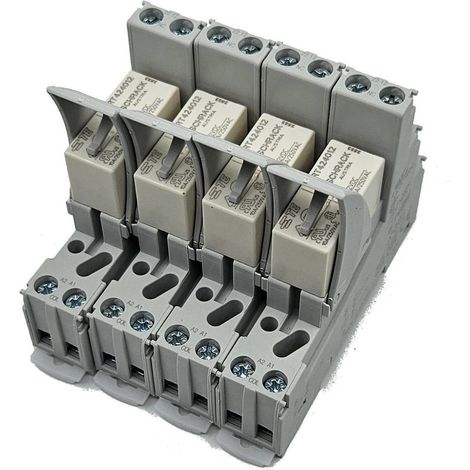 Set di 4 moduli relè per guida DIN - bobina relè 12VDC, 2 contatti di commutazione AgNi 8A 250VAC (1/2)