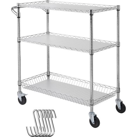 Mophorn Carrello portaoggetti da cucina, carrello con rotelle a 3 livelli in filo metallico con , carrello portaoggetti in metallo su ruote con maniglia per cestino da 80 mm e 6 ganci