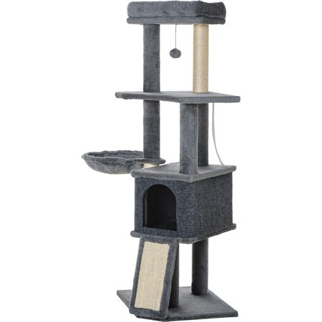 Arbre à chat centre d'activités multi-équipé griffoirs grattoir jeu boule suspendue niche plateformes gris