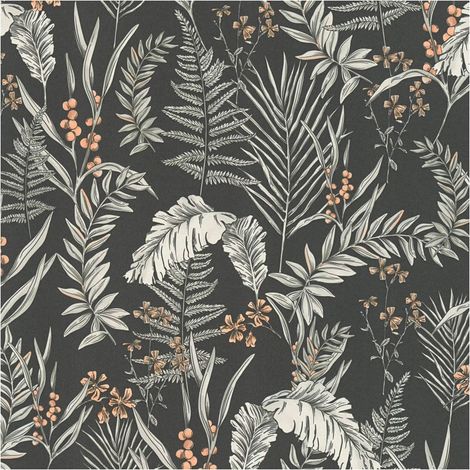 Flowers wallcovering wall Profhome 394341 hot embossed non-woven wallpaper slightly textured with floral ornaments matt black white orange 5.33 m2 (1/5)
