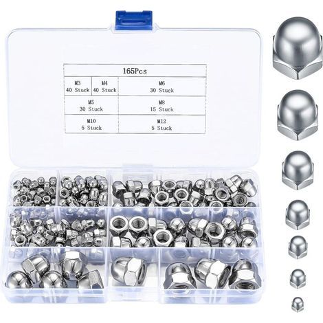 165 Pièces Écrous Borgnes en Acier Inoxydable, Écrous Blocages Hexagonaux à Tête Kit, M3/M4/M5/M6/M8/M10/M12 Assortiment d'écrous (1/4)